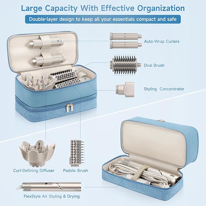 Travel Hair Dryer Case for Shark Flexstyle, Double-Layer Carrying Case for Shark Flex Style Blow Dryer, Portable Hair Tools Storage Organizer Bag for Shark Beauty Hairdryer Attchments (Misty Blue)