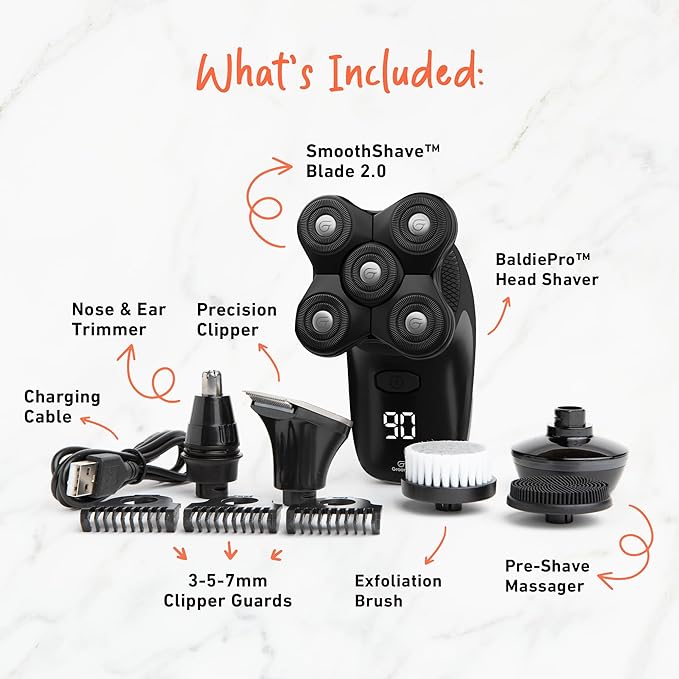 Groomie Cordless Bald Head Shavers for Men, BaldiePro Head Grooming Kit - Ergonomic & Waterproof Head Shavers for Bald Men - Electric Hair Shaver & Head Razor - Men's Rotary Shaver for Smooth Shave