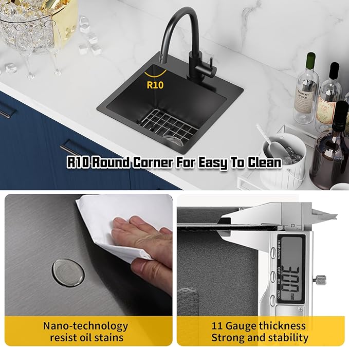 Small Black Kitchen Sink, 15x15 Inch Stainless Steel Drop In Topmount Kitchen - Image 4