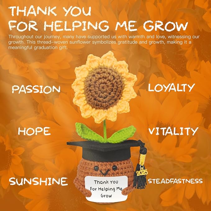 Teacher Appreciation Gifts, Handmade Crochet Sunflower Teacher Gifts, Thank You for Helping Me Grow, Daycare Teacher Appreciation Gifts for Women Men, End of Year Graduation Teacher Gifts (2)