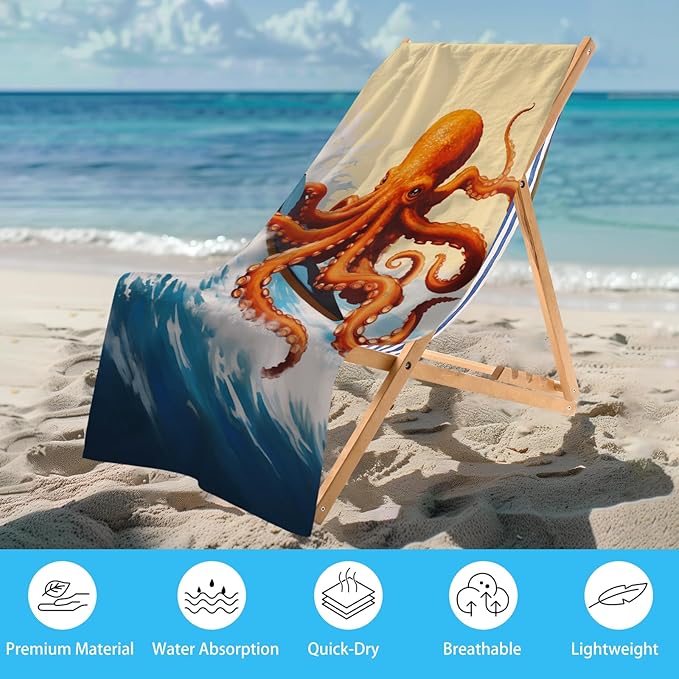 WZOMT Microfiber Octopus Beach Towel, Funny Octopus Surfing Ocean Animal Print - Image 2