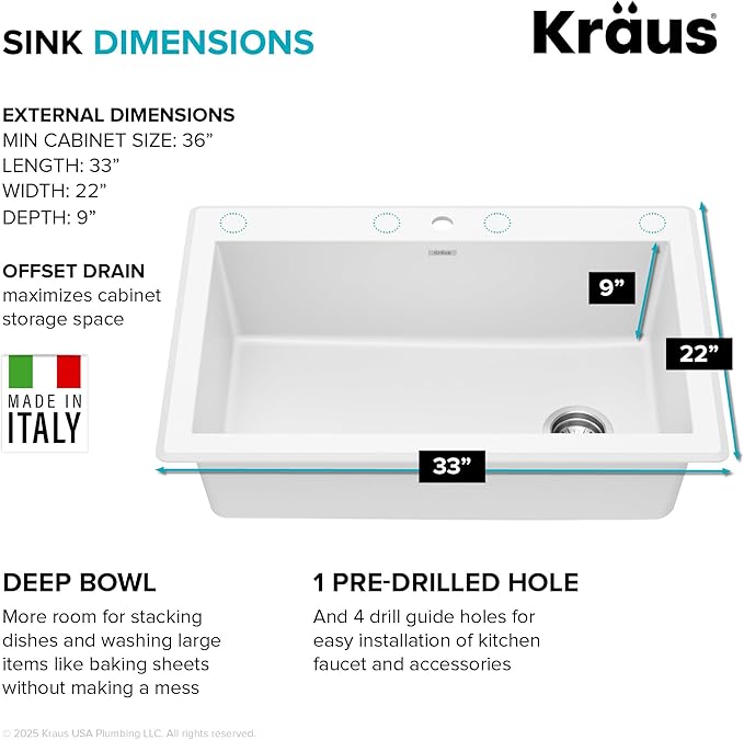 KRAUS Forteza 33-inch Granite Drop In/Undermount Single Bowl White Kitchen Sink - Image 6