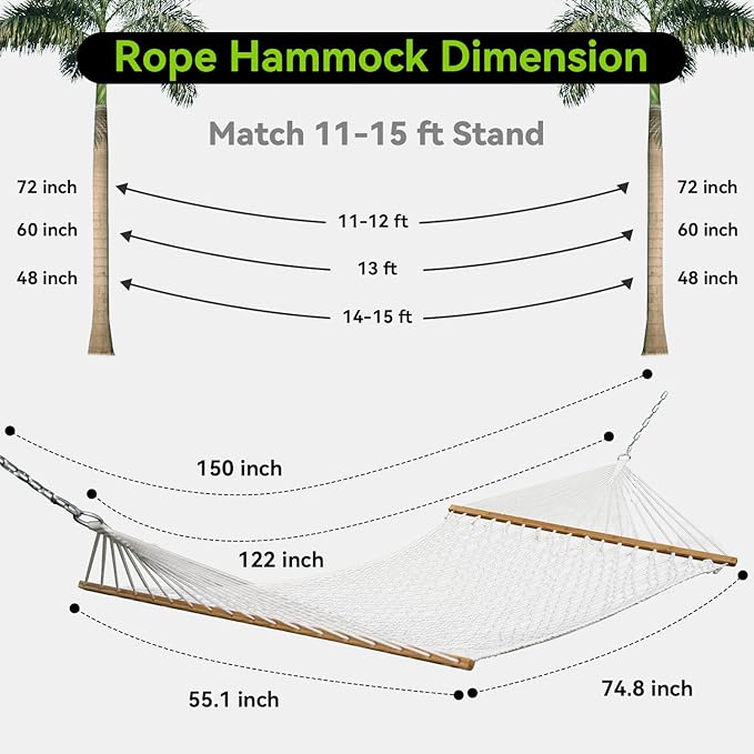 Double Hammock for 2 Person, Handwoven Cotton Rope Hammock - Image 6