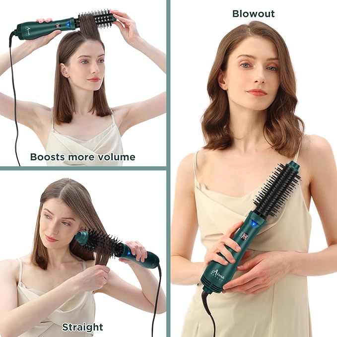 Aima Beauty Hair Dryer Brush, One Step Hair Dryer & Volumizing Hot Air Brush, 3 Heat/Speed Settings, Advanced Ionic Technology, Ceramic Coating, Nylon Pins & Tufted Bristles, Dark Green, 1000W, 125V