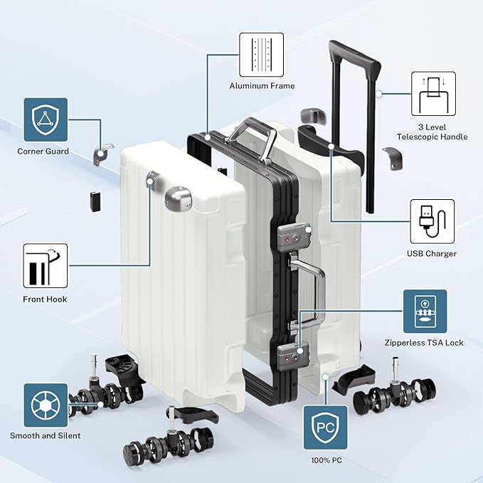 Krute Checked Aluminum Frame Suitcase 24 Inch Zipperless Luggages Hardside PC - Image 4