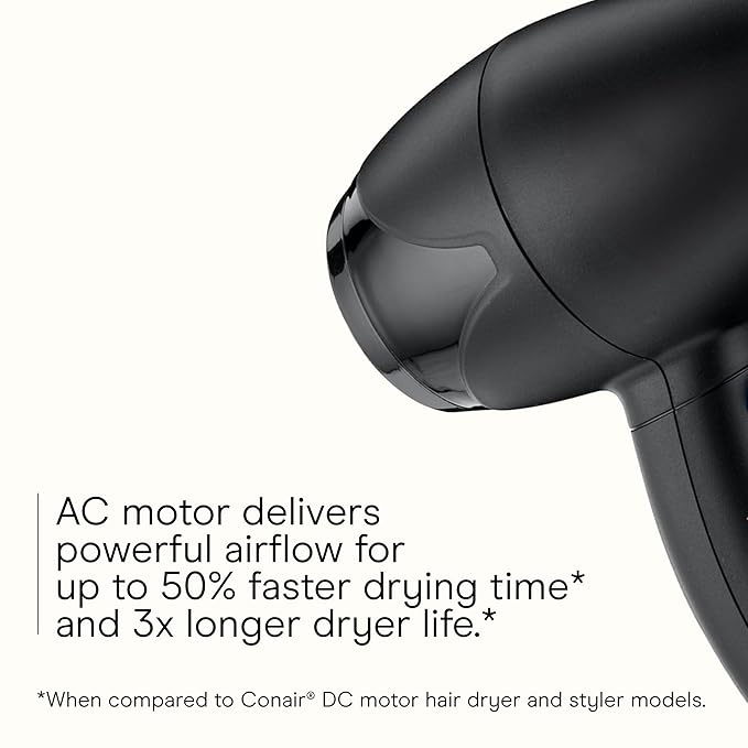 INFINITI PRO CONAIR Travel Hair Dryer, 1600W Mighty Mini Compact Blow Dryer with Concentrator Attachment, Lightweight Professional AC Motor for Fast Drying, 3 Heat & 2 Speed Settings, Black