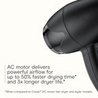 INFINITI PRO CONAIR Travel Hair Dryer, 1600W Mighty Mini Compact Blow Dryer with Concentrator Attachment, Lightweight Professional AC Motor for Fast Drying, 3 Heat & 2 Speed Settings, Black