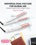 Dual Voltage Curling Iron, Mini Travel Size Curling Iron for European, 1 1/4 Inch Ceramic Plates Hair Straightener with Adjustable Temperature, European Plug Included