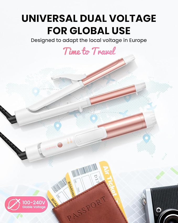 Dual Voltage Curling Iron, Mini Travel Size Curling Iron for European, 1 1/4 Inch Ceramic Plates Hair Straightener with Adjustable Temperature, European Plug Included