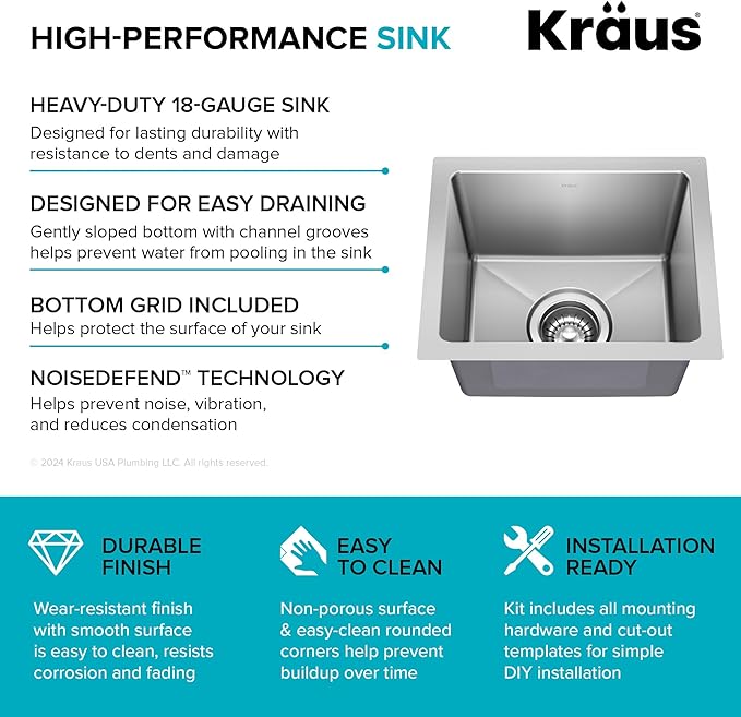 KRAUS Fairlane 15-inch Undermount Single Bowl 18-Gauge Stainless Steel Kitchen - Image 4