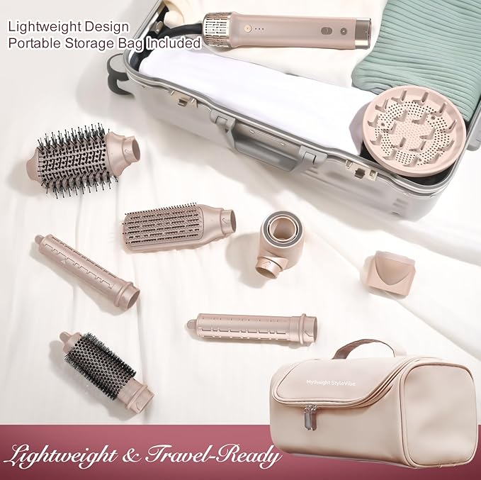 StyleVibe 8-in-1 Air Styler, Hair Dryer & Blow Dryer Brush with Travel Case - Auto Wrap Curls (L/R), Fast Drying, Thermal Round Brush for Smooth Blowouts & Frizz-Free Volume, No Heat Damage
