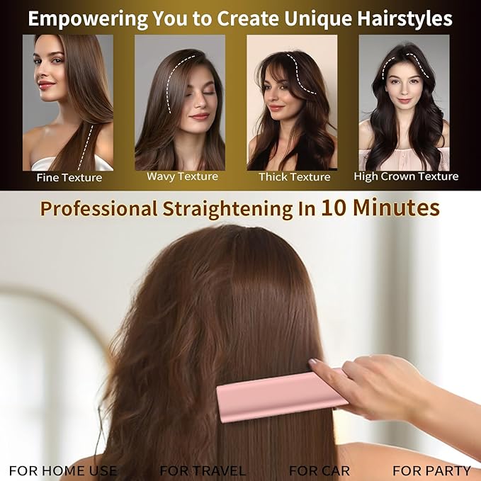 Cordless Hair Straightener Brush, Mini Brush Straightener for Travel,Portable Straightening Brush for Women,Hot Comb Styling Tools & Appliances, Pink