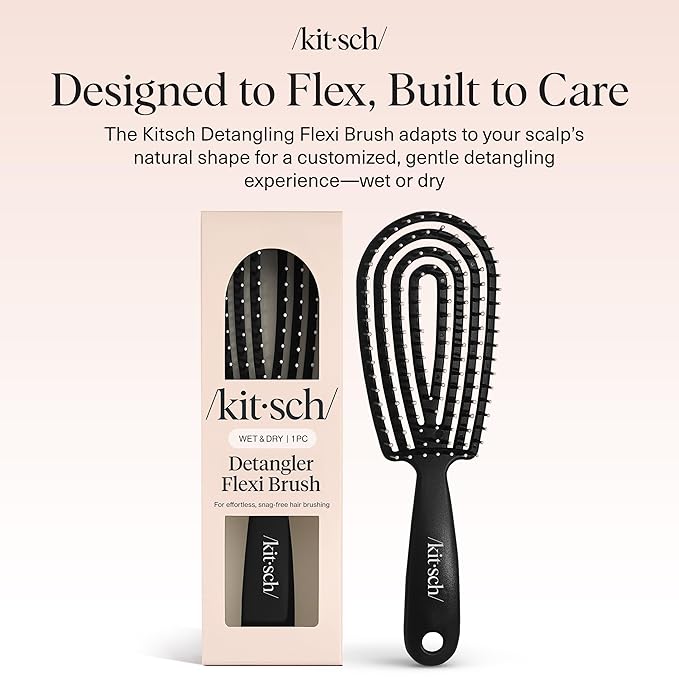 Kitsch Hair Brush Detangler – Flexi Flow Hair Brush for Women, Men & Kids | Detangling Brushes for Curly Hair with Bendable Frame, Bounce Curl Defining Brush for Wet or Dry Strands - Black