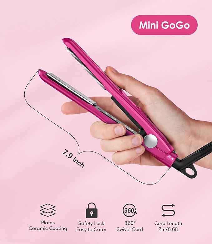 Terviiix Mini Flat Iron for Bangs Short Hair Edges, 1/2 Inch Small Hair Straightener and Curler 2-in-1, Ceramic Travel Flat Iron with Dual Voltage, 430°F Fast Heat, Pouch — Pink