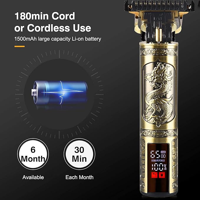 Professional Hair Clippers for Men Electric Haircut Kit Hair Trimmer Grooming Waterproof Rechargeable Close Cutting T Blade Trimmer USB Rechargeable Clippers for Hair Cutting (LED-Dragon)