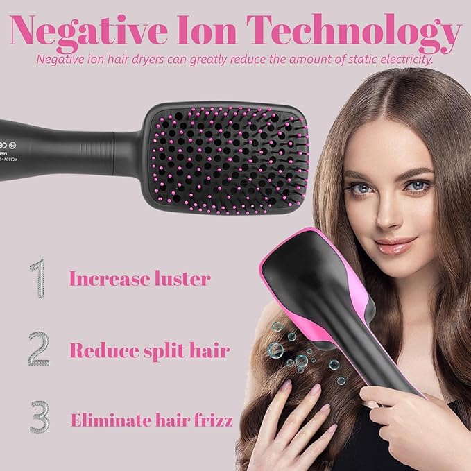 1 Step Ionic Hair Straightener and Dryer Brush - Negative Ion Hot Air Styling Tool for Smooth Hair - All Hair Types