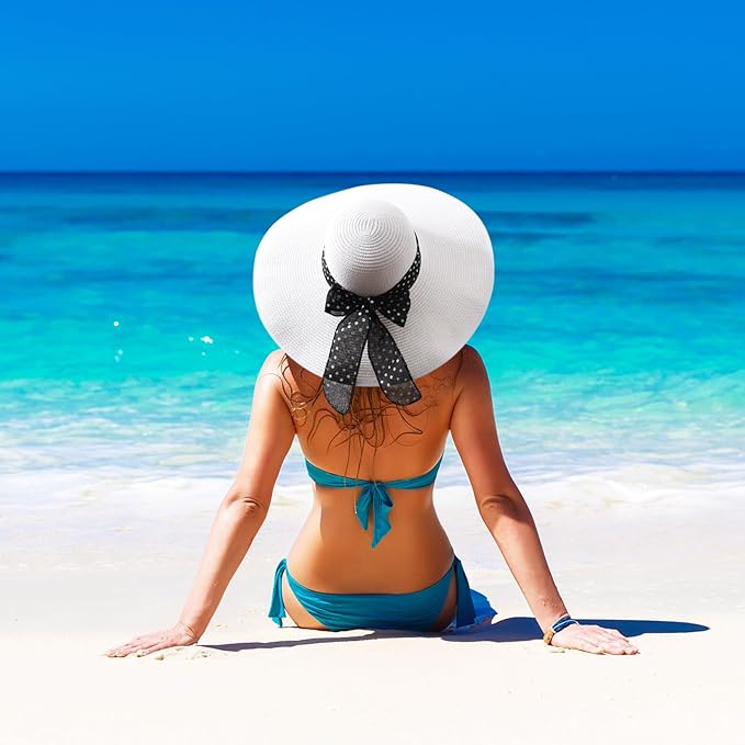 DRESHOW Beach Hats for Women Big Straw Wide Brim Summer Hat Floppy Foldable - Image 4