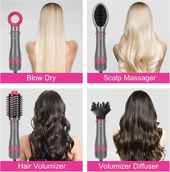 IG INGLAM 4 in 1 Blowout Brush, Negative Ion Detachable Hair Dryer & Styler Volumizer Hot Air Brush with 2 Styling Brush Heads, Silver