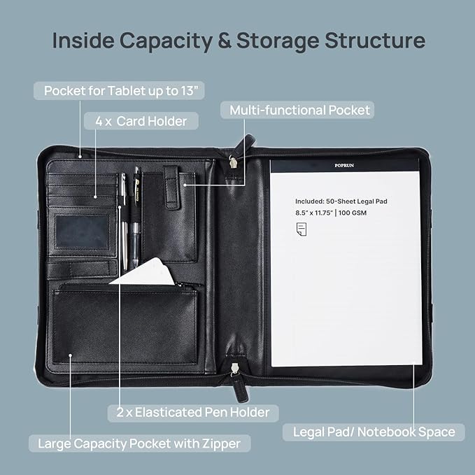 POPRUN Portfolio Binder with Zipper, Leather Padfolio Document Organizer with - Image 2