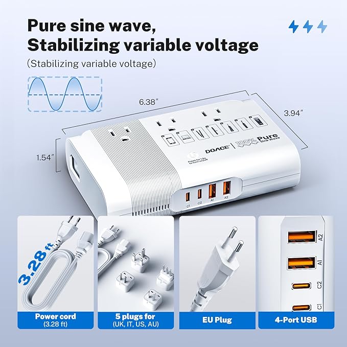 DOACE 500W Universal Travel Adapter 220V to 110V Voltage Converter, Pure Sine - Image 4