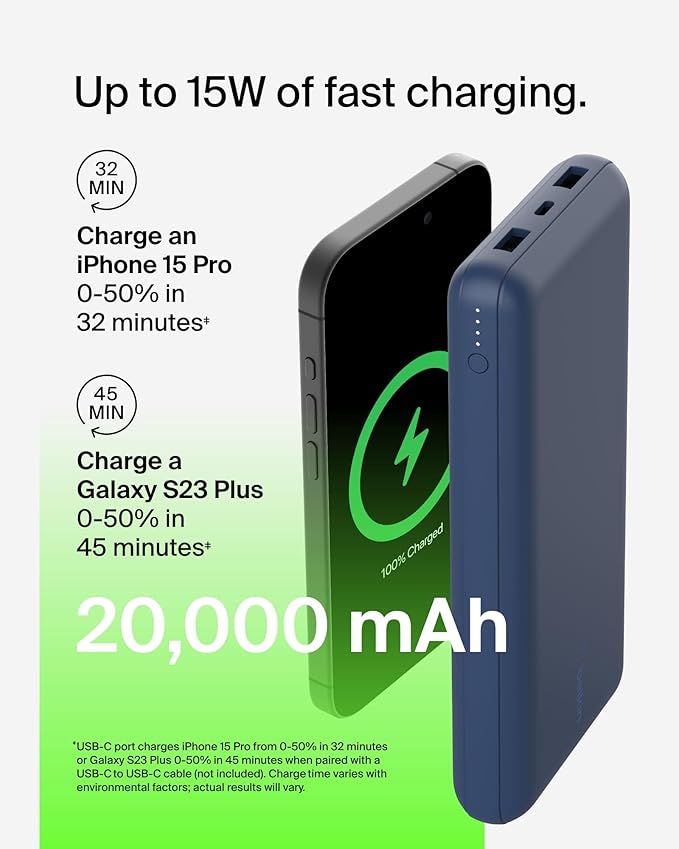 Belkin Portable Charger, USB C Power Bank 20000 mAh w/ 2 USB-A Ports, 15W w/ - Image 7