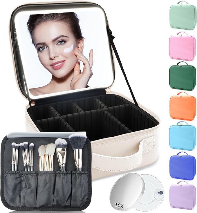 Makeup Bag with Led Mirror, Travel Makeup Organizer with 3 Color Setting & 10X by SUILU