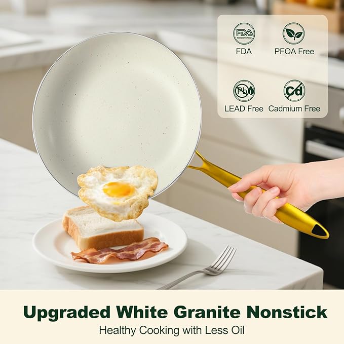 Pots and Pans Set Non Stick, 7 Piece White Granite Induction Cookware Set - Image 3
