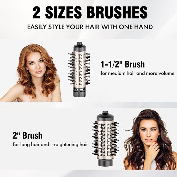 DAILYLIFE Rotating Hair Dryer Brush for Women, Spinning Blowout Brush, with 2 Brushes (1.5" & 2"), Ceramic Barrel, Negative Ion, Black and Gold