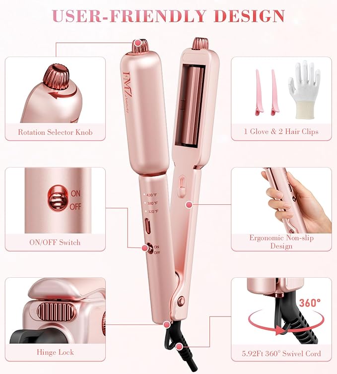 FMZ Flat Iron Hair Straightener Crimper Curler, Professional 4 in 1 Pink Hair Styling Irons for Straightening, Crimping, Curling, Fast Heating, Dual Voltage, Mini and Portable for Women Travel Home