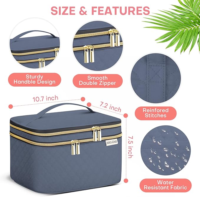 Large Makeup Bag with Mirror Double Layer Travel Make Up Organizer Case - Image 6