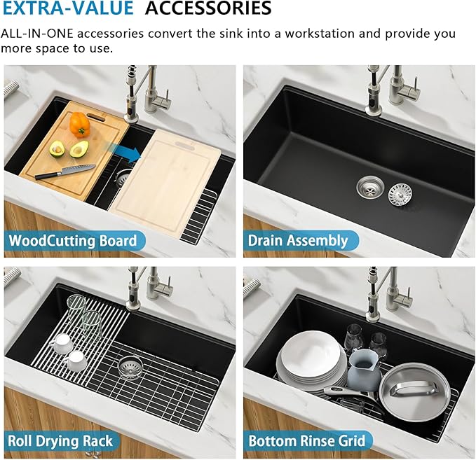 33 Inch Black Granite Composite Kitchen Sink Workstations Black Quartz - Image 7