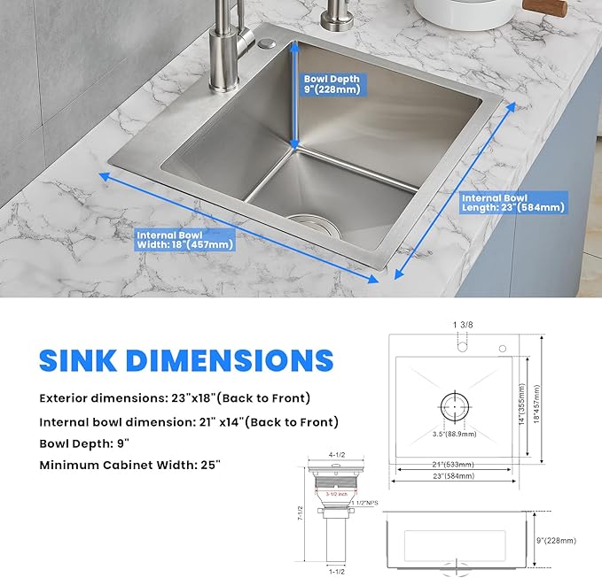 POPFLY 23 Inch Drop In Kitchen Sink, 23×18 Inch Top mount Small Bar Prep Sink - Image 7
