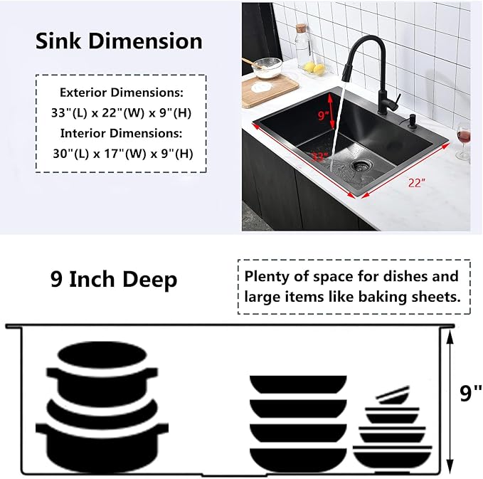 COMLLEN 33"x22"x9" Black Drop In Kitchen Sink, Top Mount SUS304 Stainless Steel - Image 6