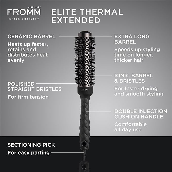 Fromm Elite Thermal Ceramic x Ionic 1.25" Round Brush for Expert Blowouts and Faster Hair Drying | Extended Barrel for Styling, Smoothing, Straightening Longer Thicker Hair