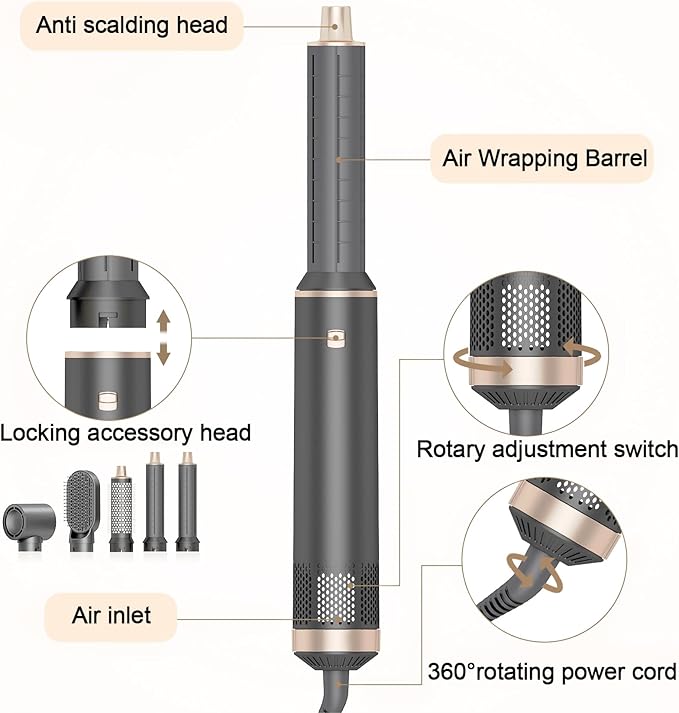 5 in 1 Hair Styler & Hot Air Brush - Air Curling Wrap with Low-Speed Negative Ion Technology, Hair Dryer Brush for Drying, Curling, Straightening & Styling, Hair Styling Tools at Home (Grey)