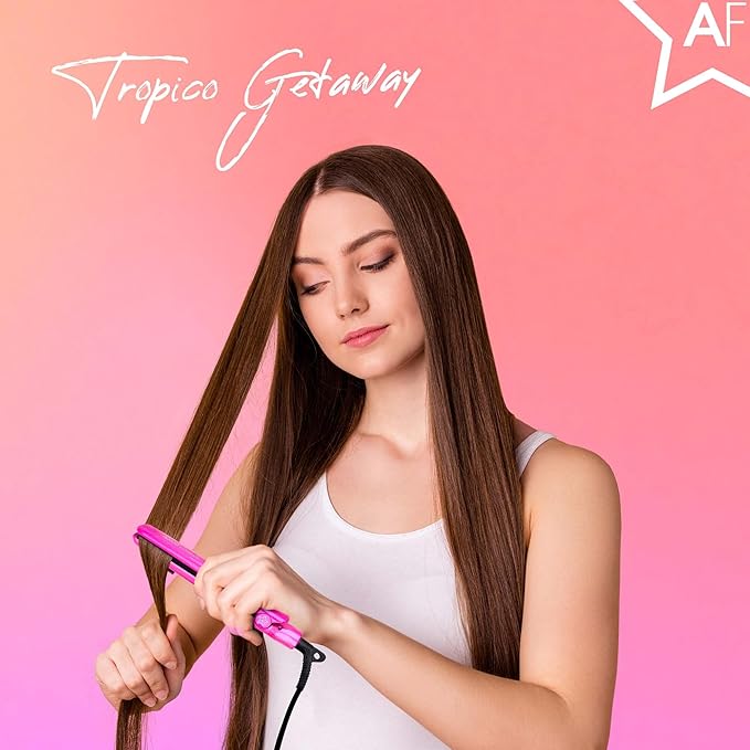 Almost Famous Tropico Getaway 0.5 inches Mini Tourmaline & Ceramic Hair Straightener Flat Iron with Stunning Travel Bag with Set Temperature, All Hairstyles (Waikiki)