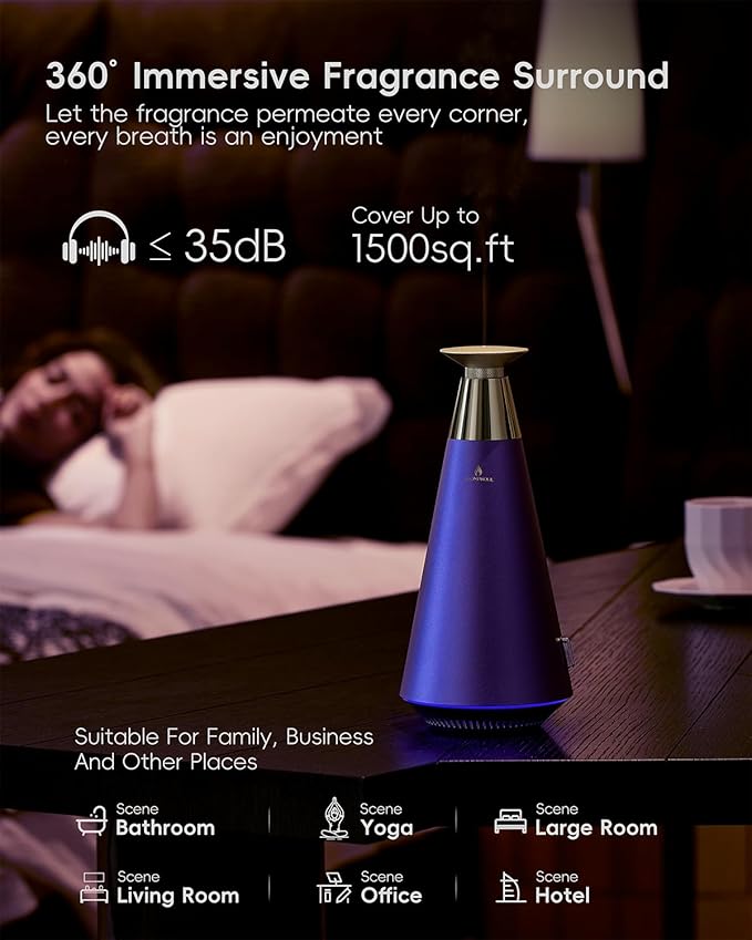 Waterless Scent Diffuser Starter Kit - 1500 Sq Ft Coverage, Alloy Atomization System,Mood Light,Smart Rechargeable Hotel Scent Diffuser, Including 120ml Essential Oil, for Home,Large Room,Spa,Blurple