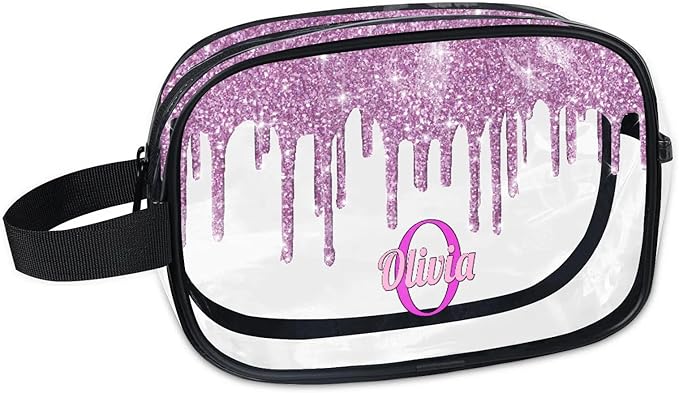 Personalized Clear Makeup Bag with Name, Best Friends Teen Women Mom Birthday Gift PVC Cosmetic Toiletry Travel Bag for Toiletries, Plum Purple Fluid Shape Sequins