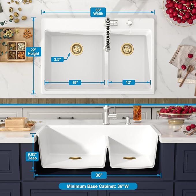 33 Inch Double Bowl White Kitchen Sinks 33x22 Granite Composite Dorp In 60/40 - Image 5