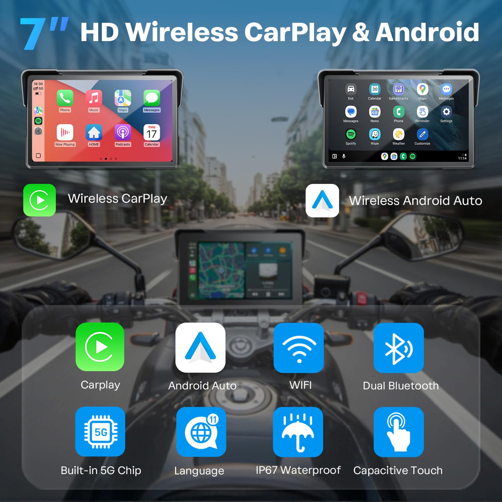 7 Inch Wireless Motorcycle Carplay GPS Navigation System with Apple Carplay and Android Auto Portable Screen with Dual Bluetooth (7 Inch+Magnetic Mount)
