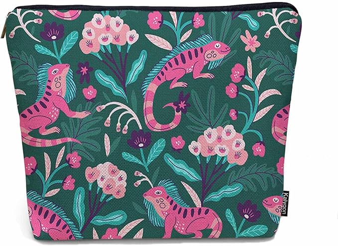 Lizard Cosmetic Travel Bag For Toiletries, Tropical Animal Floral Lizard Makeup Bag Toiletry Bags For Women, Flax Cosmetic Bags Make Up Bag Purse Toiletries Bag Birthday Gift