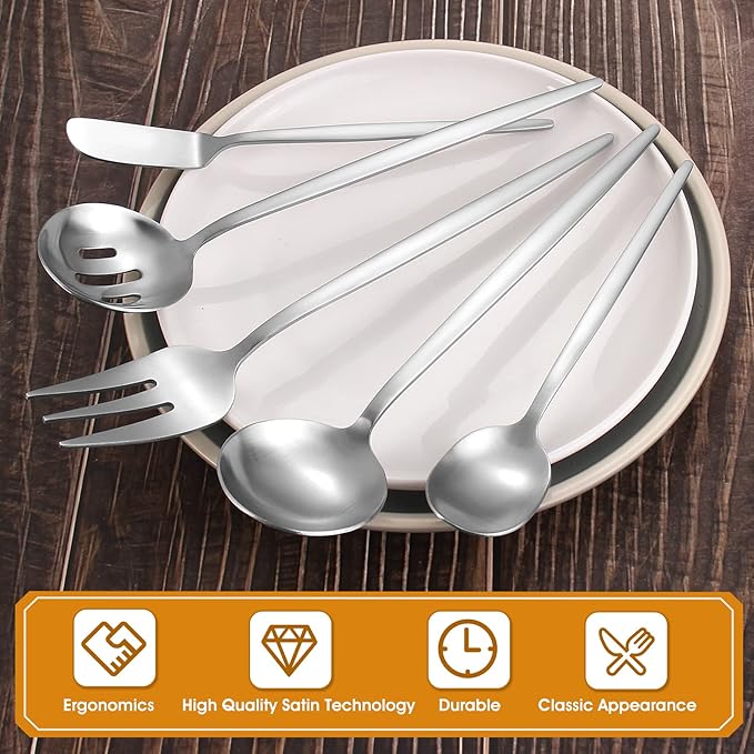 Matte Serving Silverware Set, 5-Piece Round Shared Utensils Set of Stainless - Image 3