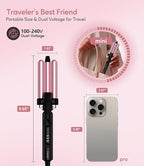 Farery Mini 3 Barrel Hair Waver - Portable Beach Wave Curling Iron for Short Hair, 1/2 Inch Ceramic Crimper with 3 Temp Settings & 30s Fast Heating, Dual Voltage Travel Hair Waver for Women, Pink