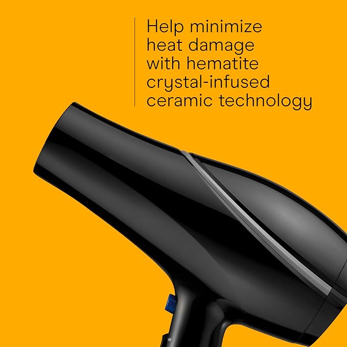 Conair Hair Dryer Style & Shine Natural Crystal Collection, 1875W Hairdryer, 3 Heat Settings, 2 Speeds, Blow Dryer with Concentrator Attachment, Ionic & Hematite-Infused Ceramic Technology, Black