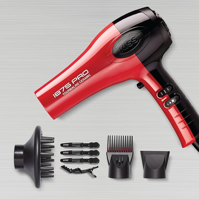 KISS 1875 Watt Pro Tourmaline Ceramic Hair Dryer, Styling Edition, 3 Heat Settings, 2 Speed Settings, Cool Shot Button, 7 Blow Dryer Accessories Included, 2-Year Warranty - Red