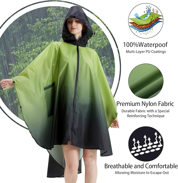 Rain Poncho Jacket Coat Hooded Zipper Style - Image 3