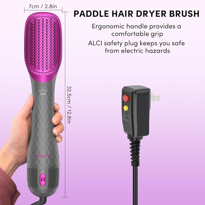 Longyu 3 in 1 Hair Dryer Brush Straightener 1200W Negative Ionic Hot Air Brush One Step Blow Dryer and Styler for Straightening Drying Smoothing (Gray)