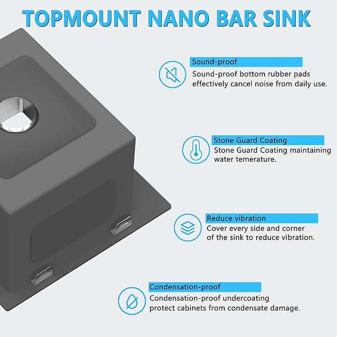 15 x 15 inch Drop in Bar Sink, Small Topmount Kitchen Sink Single Bowl 18 Gauge - Image 5