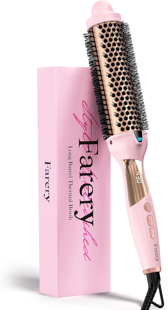 Farery Thermal Brush Extra Long Barrel, 1.5 Inch Hot Curling Wand for Big Bouncy Curls, Non-Blowing Heated Round Brush, Ceramic Curling Wand for Medium & Long Hair, 9 Adjustable Temps, Dual Voltage