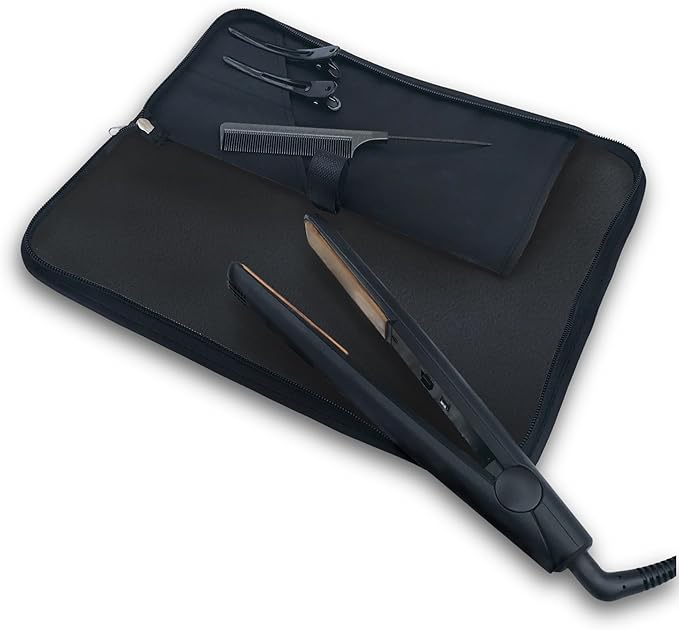 New: Hair Straightener Mat & Pouch by j&m - Enhanced Heat Resistant - Fits ghd, BaByliss & Larger Flat Irons - Zip-Up All-in-One Compact Travel Case (Felt Mat)